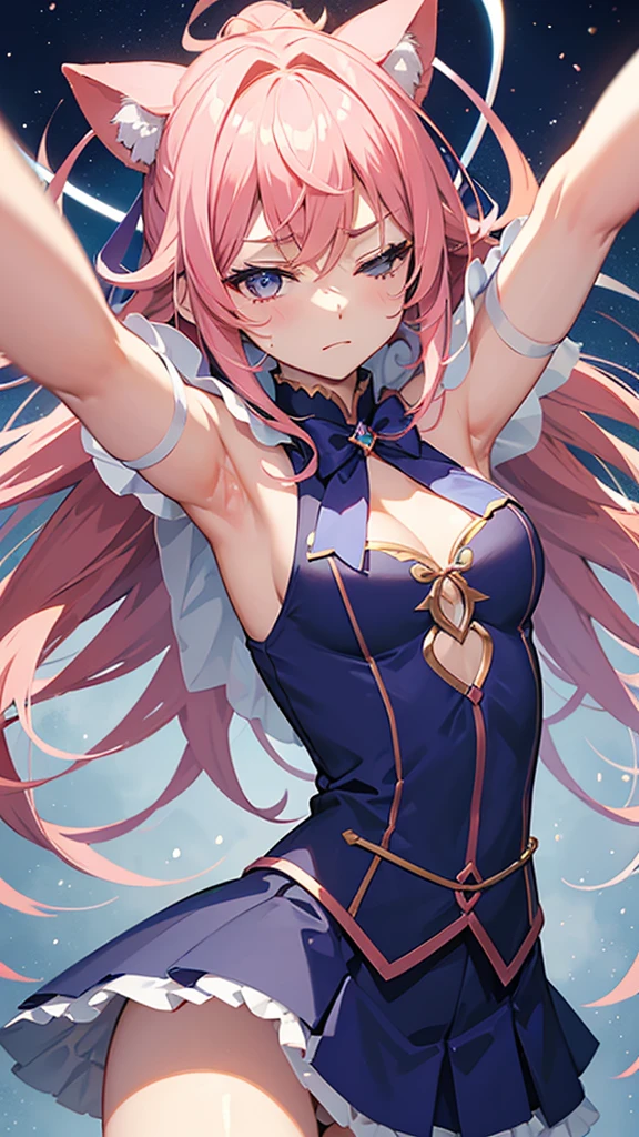 e7 Tenebria, Pink hair, two long thin braids, lender body, Thin, cheeky face, Small breasts,Blue eyes, Black pants, white short blouse, showing belly, flat abdomen,
Starry Night, under the moon, holding an orb of light,
(Maste Piece),  Best Quality, high resolucion, 4K, 8K, detailed illustration, with intricate details, Cinematic lighting, amazing quality, 1girls, fit female, amazing shading, Soft lighting, facing camera, Perfect eyes