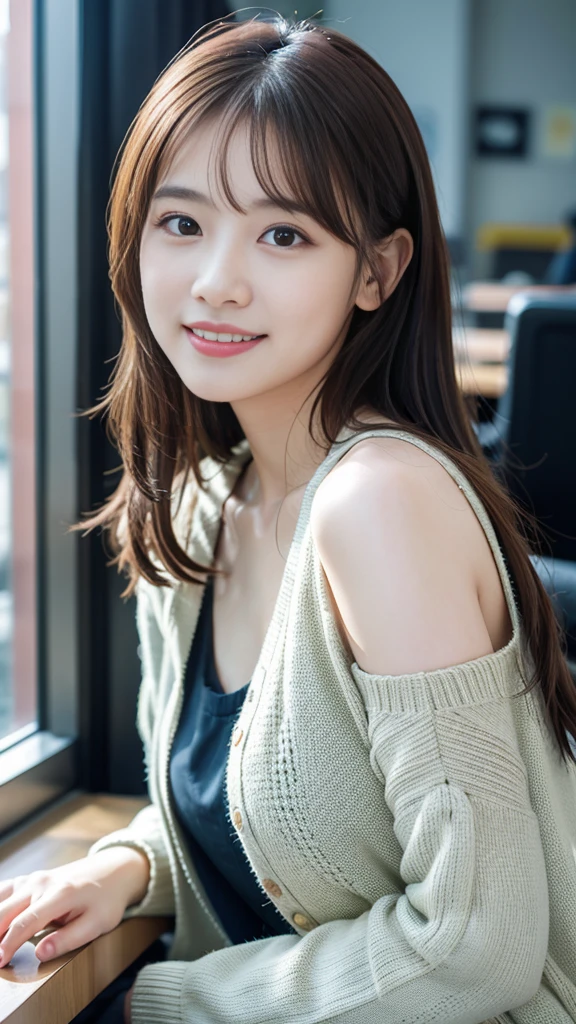 (8K, RAW Photos, Highest quality, masterpiece:1.3), (Realistic, photo-Realistic:1.4), (Highly detailed 8K wallpaper), Sharp focus, Written boundary depth,Collarbone Japanese Idol,very cute,(Baby Face),sweater, Look at us and laugh, Upper Body, Highly detailed face and eyes,((Shiny skin:1.2)), Cinema Lighting, Soft Light, Blur the background, Bokeh,(office, Modern, stylish, Glass Wall,