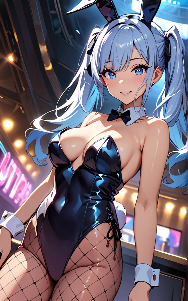 (masterpiece:1.2、Highest quality:1.2, High detail, Best aesthetics), (1 Girl), Upper Body Shot, ((Playboy Bunny, Fishnet tights:1.2, Bunny ears, ハイレグ leotard, 白leotard:1.1, leotard)), (Light blue hair, Twin tails, Asymmetrical bangs, Bright Blue Eyes), Beautiful attention to detail, Beautiful lip detail, Highly detailed face, Detailed Fashion, elegant, luxury, High quality fabric, Shine, Shine, smile, Random Pause, Dutch Angle, bar, Nightclub, night, Dramatic lighting, Cinematic, Bright colors, Intricate details, Chiaroscuro lighting.