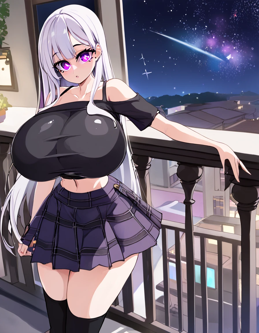 (huge breasts:1.3) (masterpiece) (high quality) (best quality) (1girl), (solo), narrow waist, (looking at viewer), balcony, night, white hair, purple eyes, glowing eyes, black knee highs, black crop top with short sleeves, bare shoulders, bare neck, black plaid skirt, shooting stars