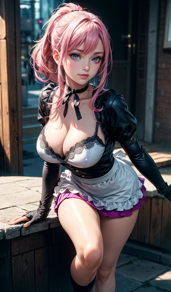 (Amazing masterpiece), (Maximize highest quality: 1.5), (Maximize most beautiful digital illustrations: 1.5), ((Most realistic: 1.5)), ((Smooth, soft, crisp and most realistic skin and hair textures)), Most beautiful detailed eyes:1.5, ((Maximum resolution, UHD:1.5, 16K, 1080p, 10 million ppi, 300 million dpi images)), (Amazing dynamics:1.5), Beautiful backgrounds with depth of field, Most beautiful natural light, Rule of thirds, ((Maximize every effect and present it in the ultimate quality)), 1woman, y, 25years old, beautiful face sharp, elegant matman, Ultimate perfect body style, beautiful beautiful big brease upturned breasts, green eyes,RED hair, pony tail, (eyes visible through hair:1.3), glossy very thick lips, pink lipstick, smile:1.5, BREAK maid costume, mini skirt, light colors, pink highlights, bright colors, energetic, cyberpunk setting, frilly hem, satin apron, ribbon choker, puffed sleeves, knee-high s, lace gloves, sophisticated style, smooth texture, cheerful look, intricate patterns, fashionable footwear, adorable appearance, lively feel, light metal armor,