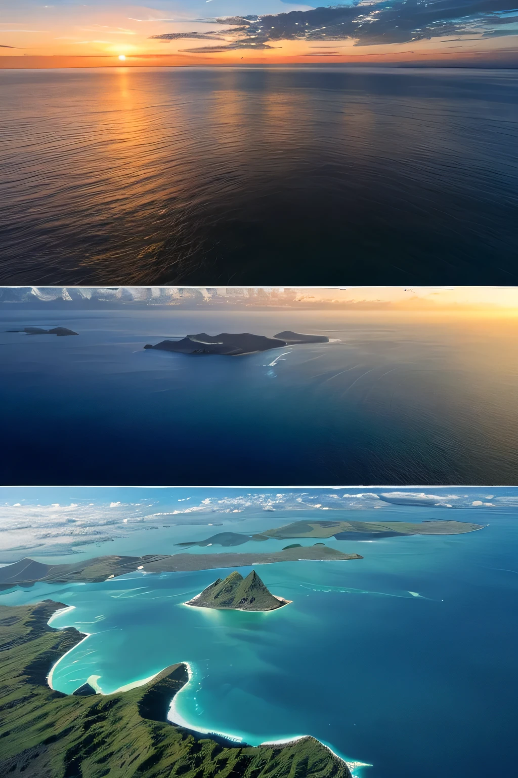 Metaphysics vs. Physics. Vast ocean and islands at dusk