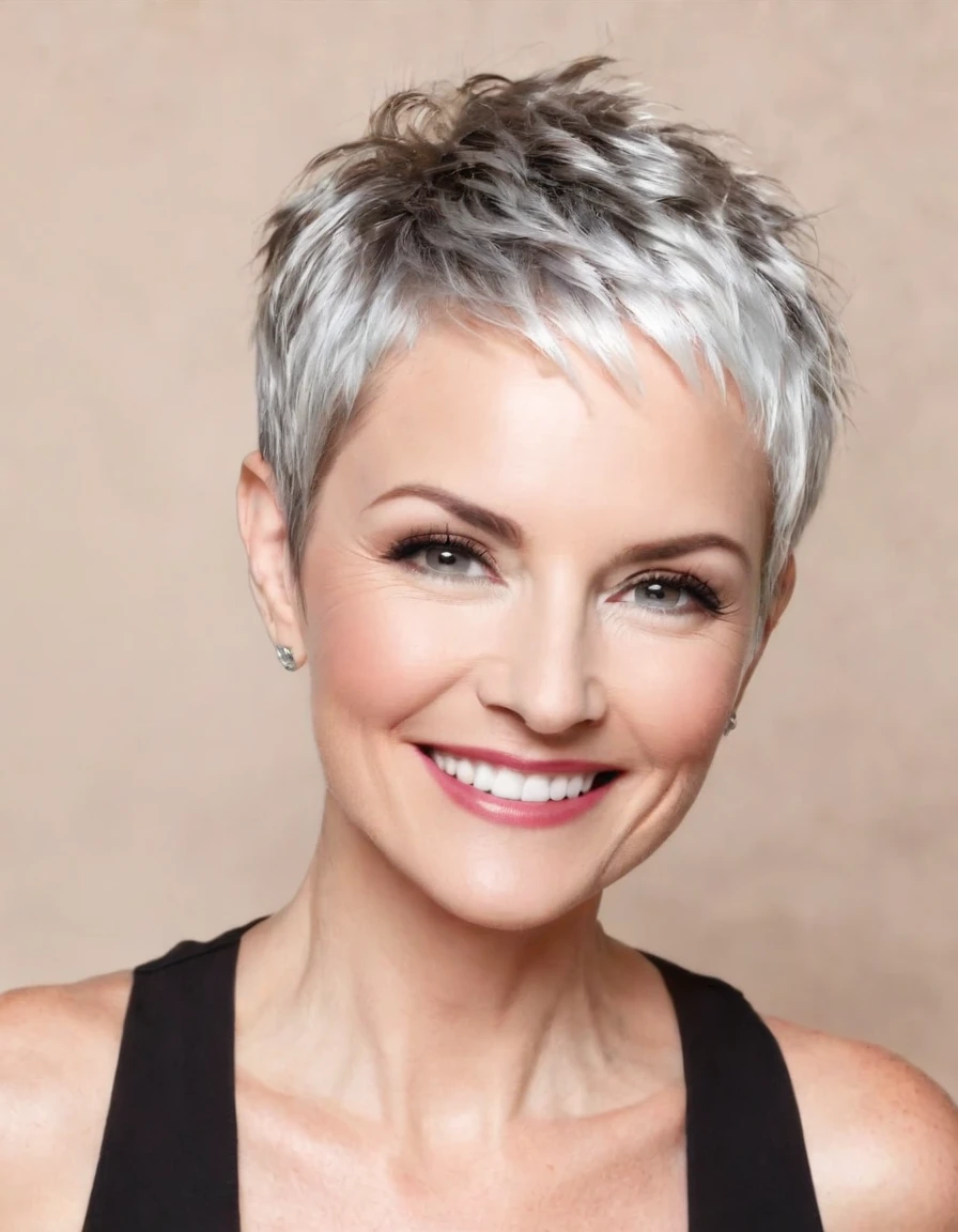 Edgy Platinum Pixie on smiling woman in her 40s. woman should be attractive