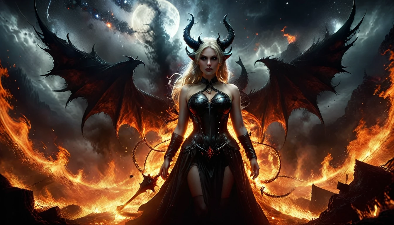 (beautiful blond succubus), (demon horns), (well-defined eyes, high resolution, ultra detailed large breasts, Immortal temptation takes over my mind Condemned Fallen weak on my knees, summon the strength Of mayhem I am the storm that is approaching Provoking black clouds in isolation I am reclaimer of my name Born in flames, I have been blessed My family crest is a demon of death Forsakened, I am awakened A phoenix's ash in dark divine Descending misery Destiny chasing time Inherit the nightmare, surrounded by fate Can't run away Keep walking the line between the light Led astray Through vacant halls I won't surrend 5r The truth rev 5aled in eyes of ember We fight through fire and ice forever Two souls once lost, and now they remember I am the storm that is approaching Provoking black clouds and isolation I am reclaimer of my name Born in flames, I have been blessed My family crest is a demon of death Forsakened, I am awakened A phoenix's ash in dark divine Descending misery Destiny chasing time Disappear into the night Lost shadows left behind Obsession's pulling me Fading, I've come to take what's mine Lurking in the shadows under veil of night Constellations of blood pirouette Dancing through the graves of those who stand at my feet Dreams of the black throne I keep on repeat A derelict of darkness, summoned from the ashes The puppetmaster congregates all the masses Pulling strings, twisting minds as blades hit You want this power? Then come try and take it Beyond the tree Fire burns Secret love Bloodline yearns Dark minds embrace Crimson joy Does your dim heart Heal or destroy? Bury the light deep within Cast aside, there's no coming home We're burning chaos in the wind Drifting in the ocean all alone