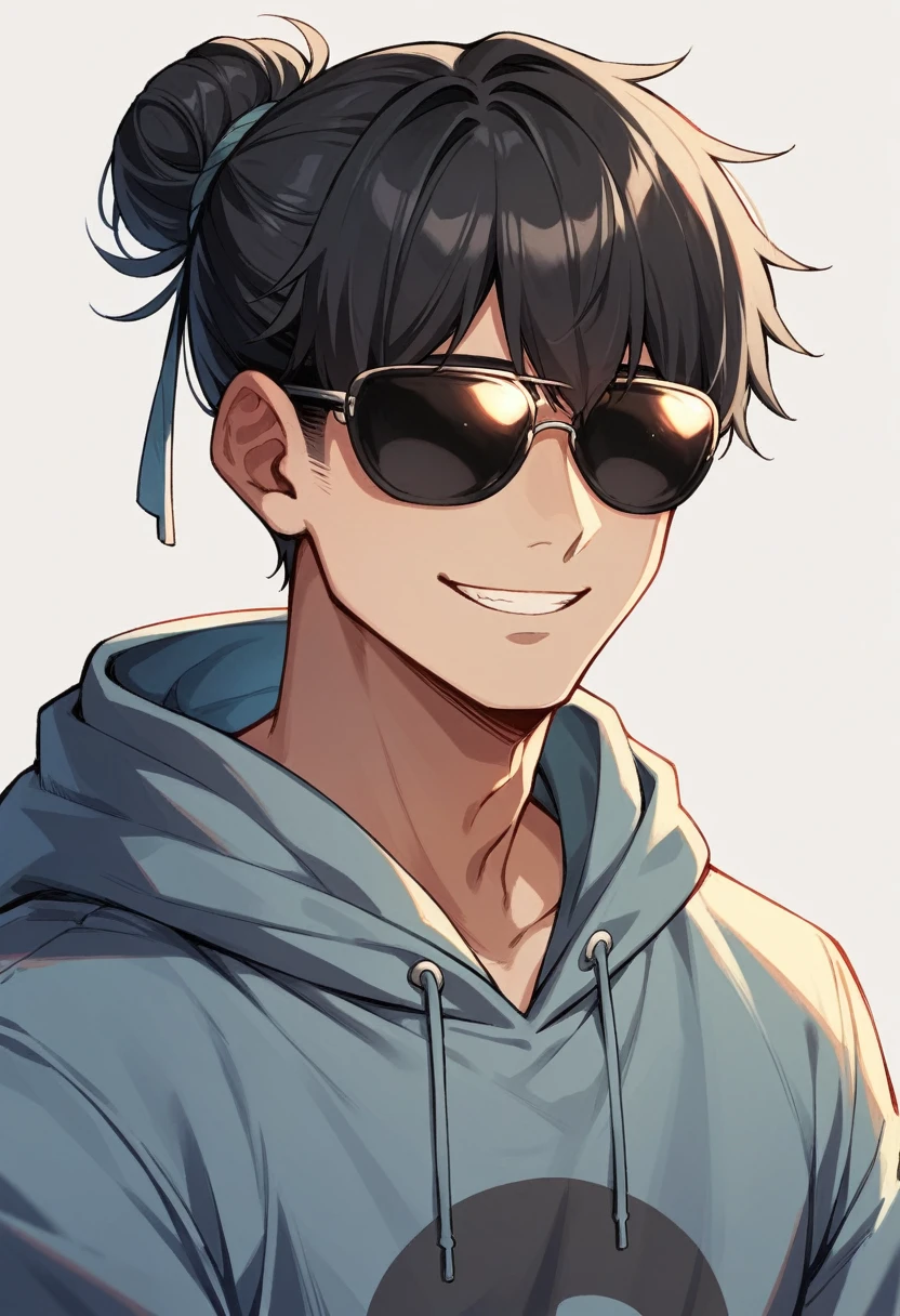 1 boy, shoulder-length black hair tied in a man bun , black eyes, clear skin, place sunglasses over your eyes, hoodie, smiling