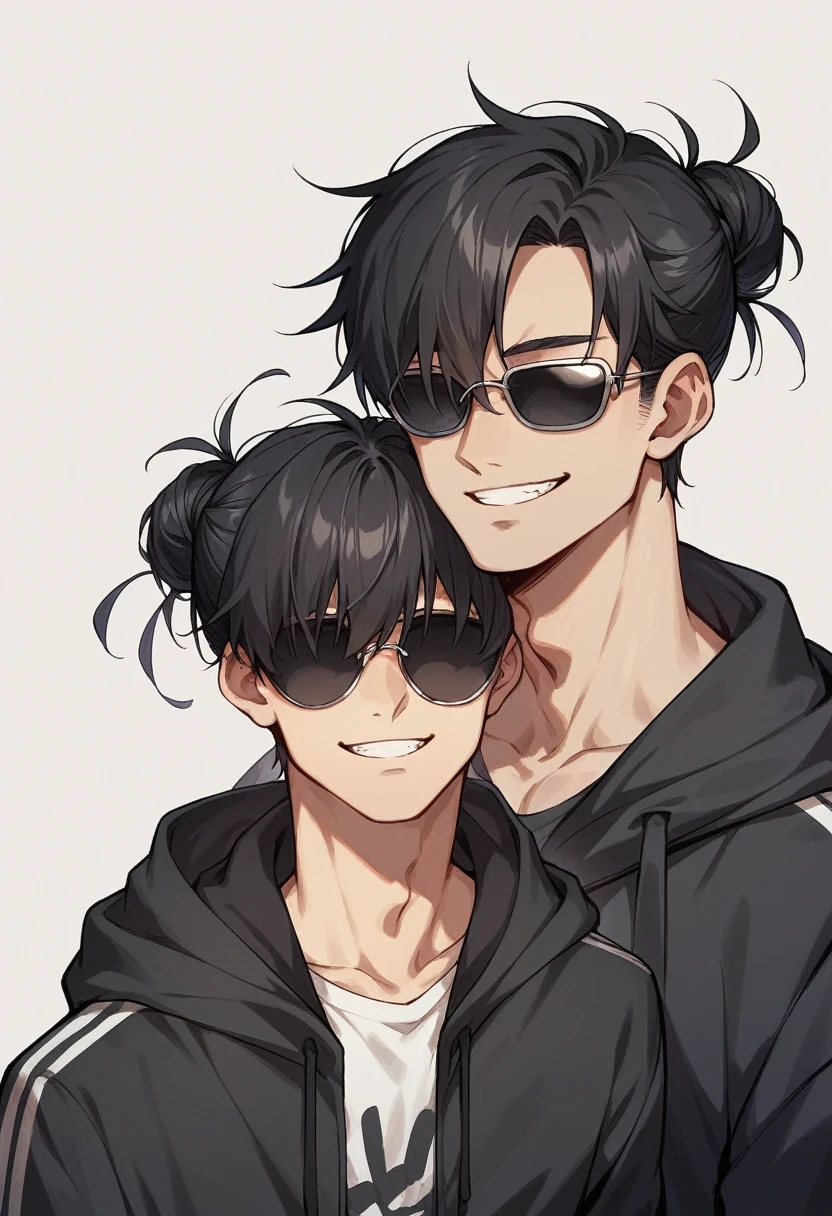 1 boy, shoulder-length black hair tied in a man bun , black eyes, clear skin, place sunglasses over your eyes, hoodie, smiling