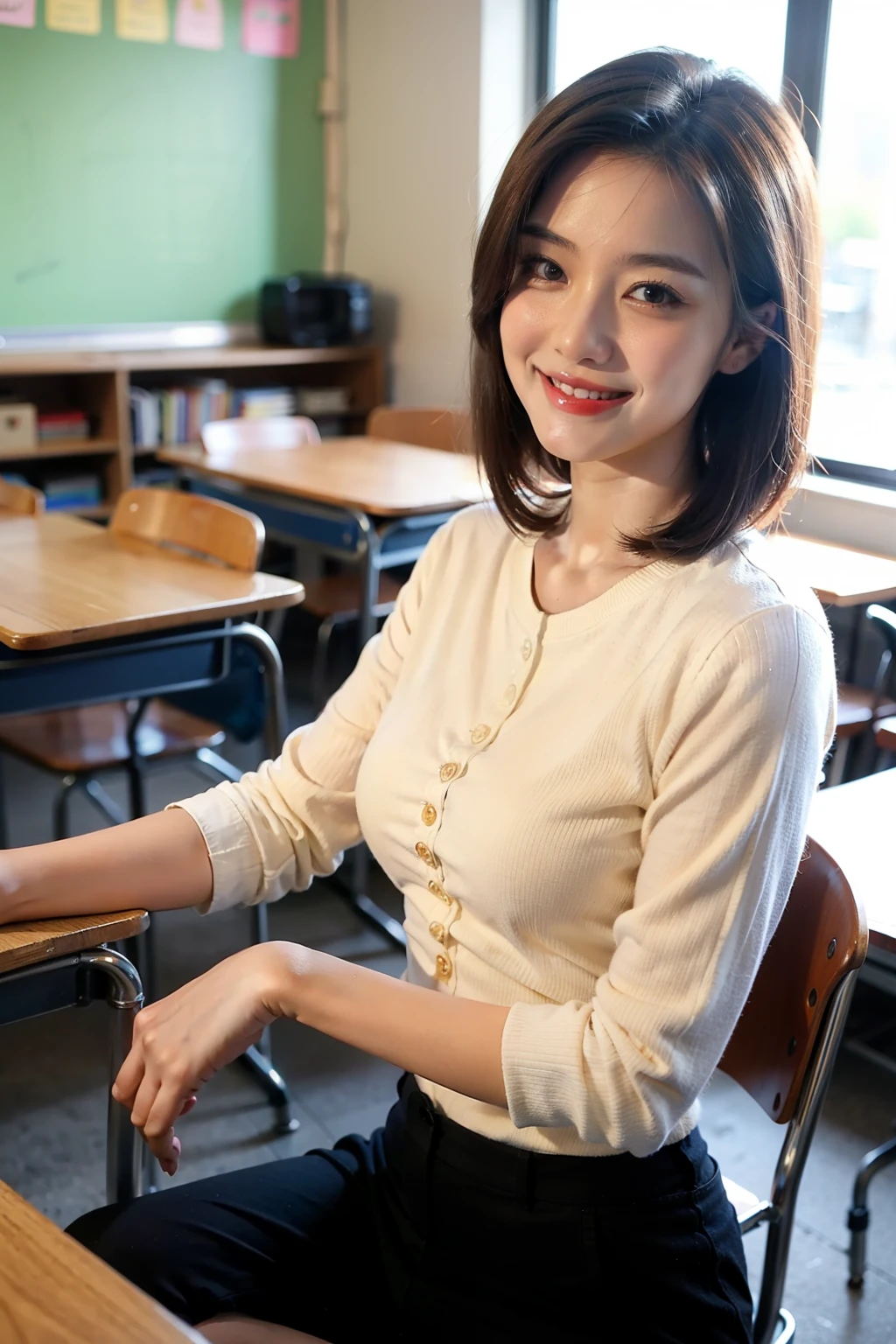 ((best quality)), ((masterpiece)), (detailed), 1 Girl, Working Women, Classroom，Vertical composition，Smile，30 years old