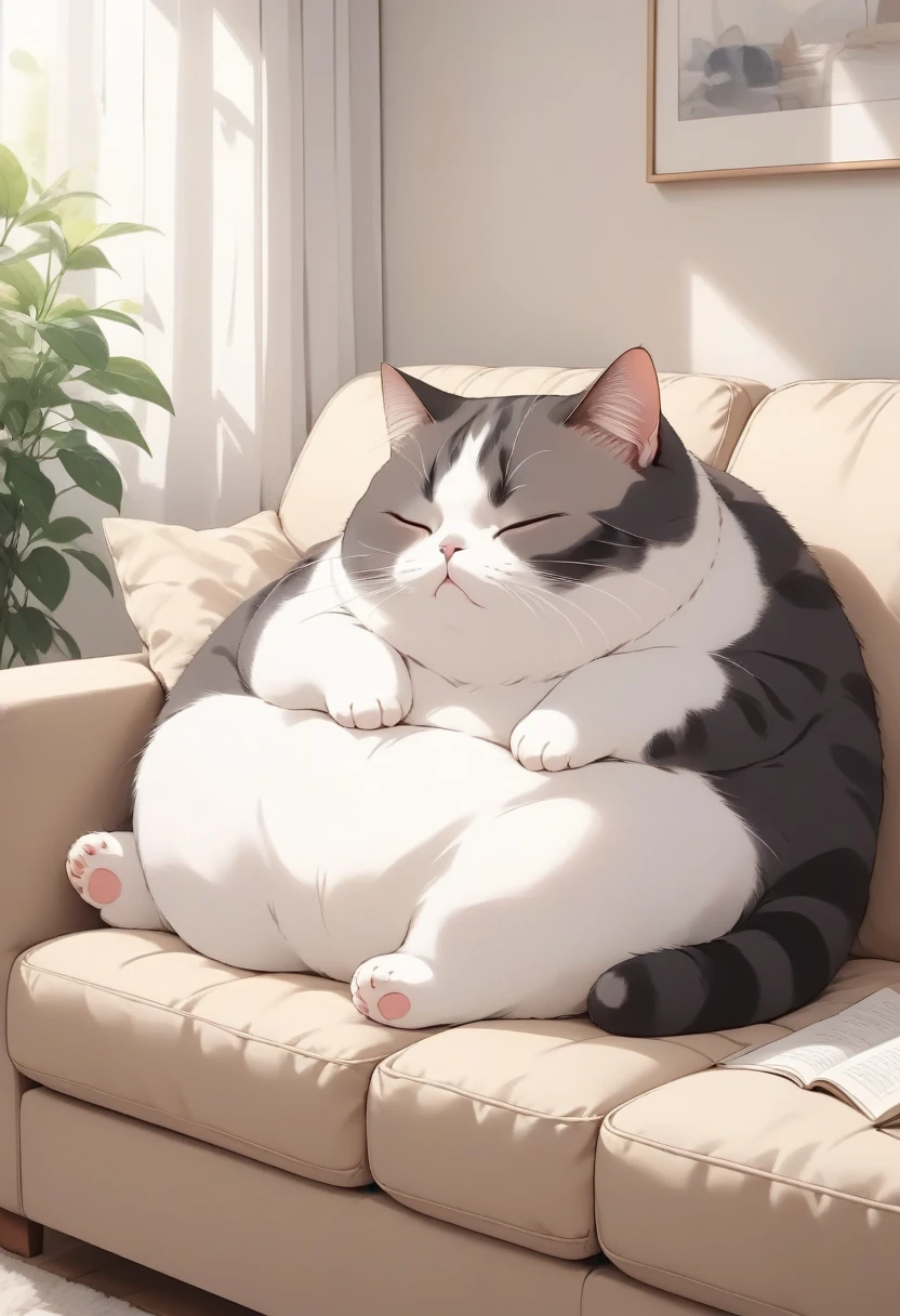 score_9, score_8_up, score_7_up, score_6_up, score_5_up, score_4_up, source_anime, 2.5D, cute plump cat is leaning on the sofa and napping, simple and cute picture book-like background with gentle color effects