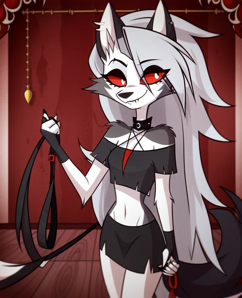 (Vivziepop style), anthro, canid, canid demon, demon, female, hellhound, helluva boss, instagram, (loona), mammal, midriff, official art, red sclera, safe content, shoulderless shirt, solo, long grey hair, with leash in hand, smiling (by vivzmind)