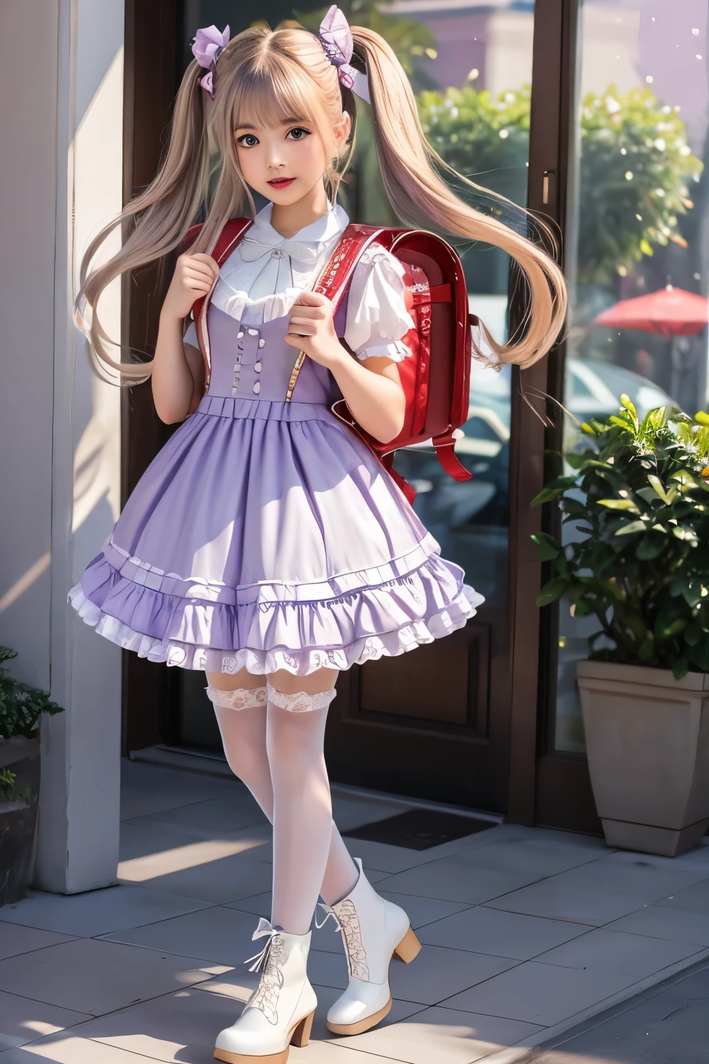 (highest quality、realistic, masterpiece、、best image quality、hyper realism、Award-winning work)、(solo:1.1)、(1 photo:1.1)、(Feminine and girly cute light lavender colors frilly lolita dress:1.2)、(Perfect straight twin tails:1.2)、(low length:1.1)、(Height: 160cm:1.1)、small breasts、emphasize body line、slender body、Standing gracefull、Full body photo of a woman standing gracefully、accurate anatomy、perfect makeup、long eyelashes、glossy lips、Ultra high definition glossy skin、(Ultra-high definition bright and beautiful skin:1.1)、Ultra-high definition glossy lips、Super high definition beautiful teeth, wearing brown backpack, (backpack:1.2), Lolita dress, cute dress, outdoor, standing, fullbody, (fullbody:1.2), wear white pantyhose, white stockings, white heeled boots, (boots:1.2)