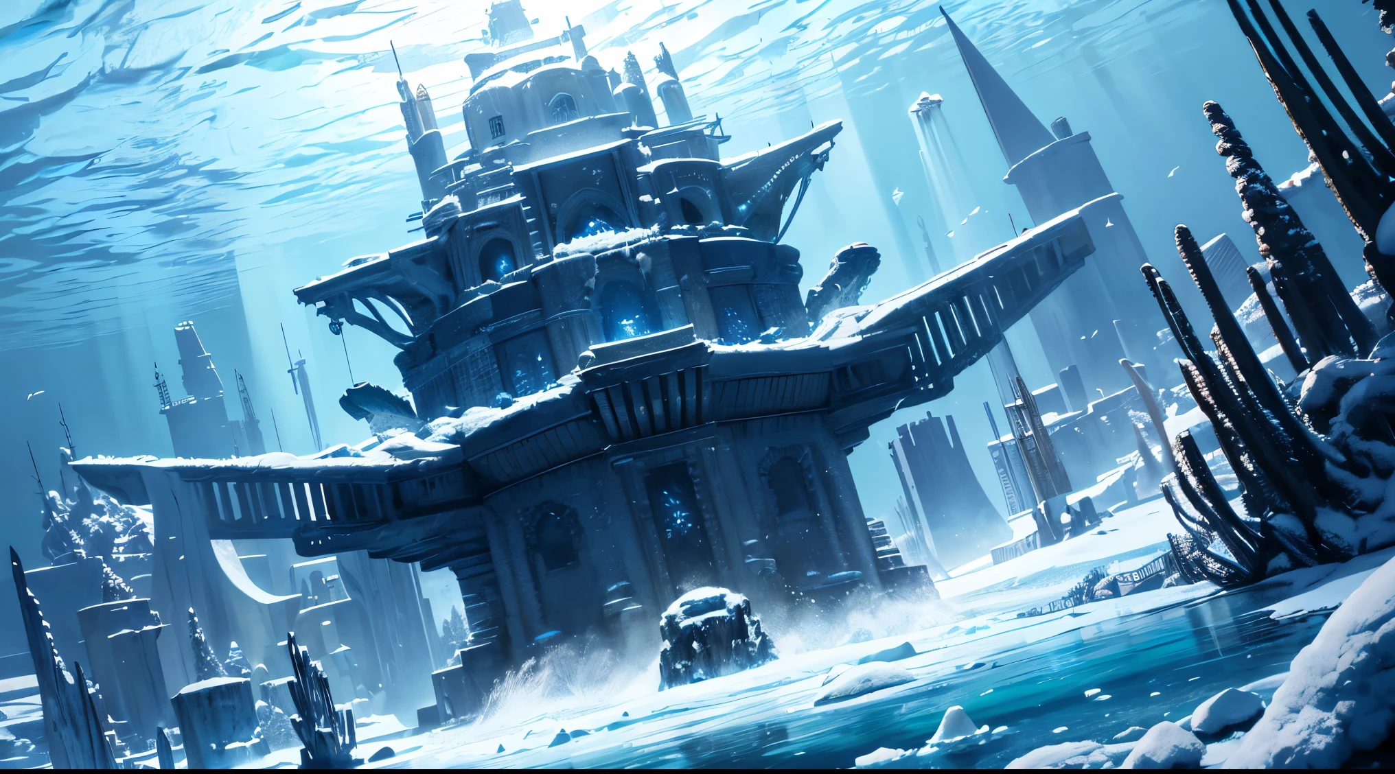 In the underwater world,Sink the forgotten ancient capital,The surface of the water is illuminated by endless snow and ice,Lots of detail,Bubble,Sea Dragon,water flowing,The sea shines,Sparkling,Very detailed,Perfect stills,Shocking,Majestic,Magnificent,high-definition photograph,8K