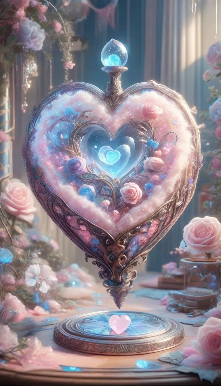 Digital Art,Concept Art,octane rendering,unreal engine,dreamlike scenes,delicate and rich light and color,superb light and shadow effects and color matching,aesthetic and romantic,Surrealistic,magical,fantasist,fantastic,Ornate And Intricate,unimaginable beauty,
A glowing [pink|purple] rose and some glowing blue plants in a transparent (heart-shaped:1.5) glass container,
this container in a love story book,extremely romantic mood,nostalgic atmosphere,gentle light and lingering composition,depth of field,letitflrsh,cottoncandy,