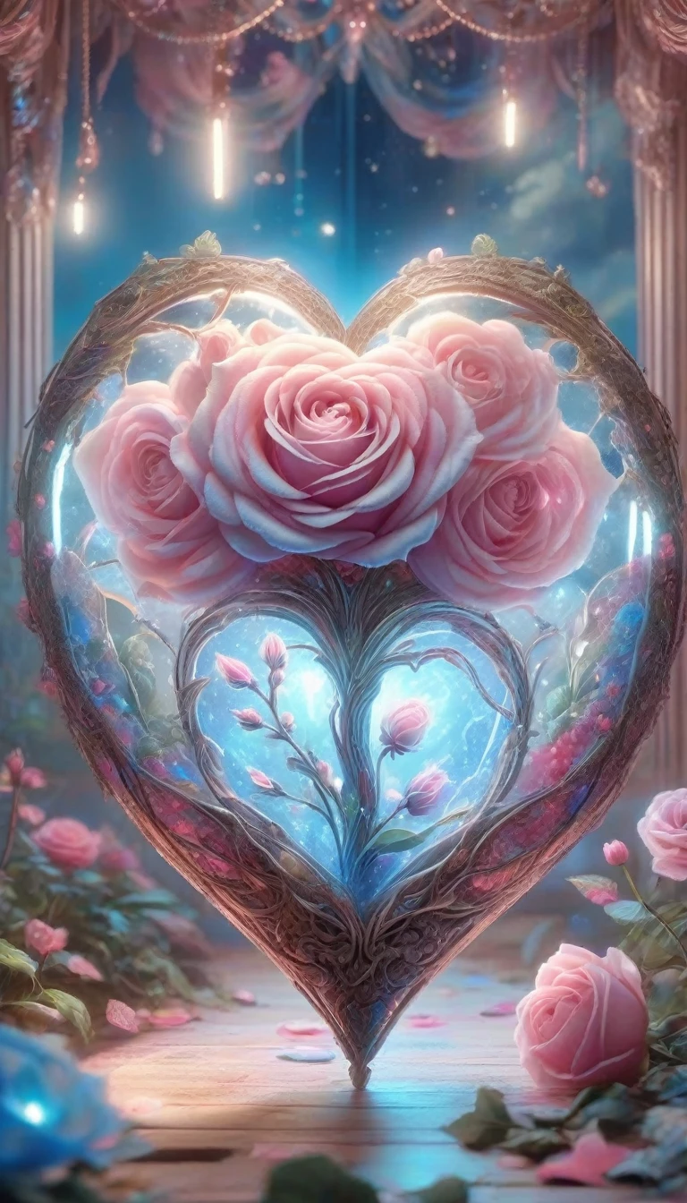 Digital Art,Concept Art,octane rendering,unreal engine,dreamlike scenes,delicate and rich light and color,superb light and shadow effects and color matching,aesthetic and romantic,Surrealistic,magical,fantasist,fantastic,Ornate And Intricate,unimaginable beauty,
A glowing [pink|purple] rose and some glowing blue plants in a transparent (heart-shaped:1.5) glass container,
this container in a love story book,extremely romantic mood,nostalgic atmosphere,gentle light and lingering composition,depth of field,letitflrsh,cottoncandy,