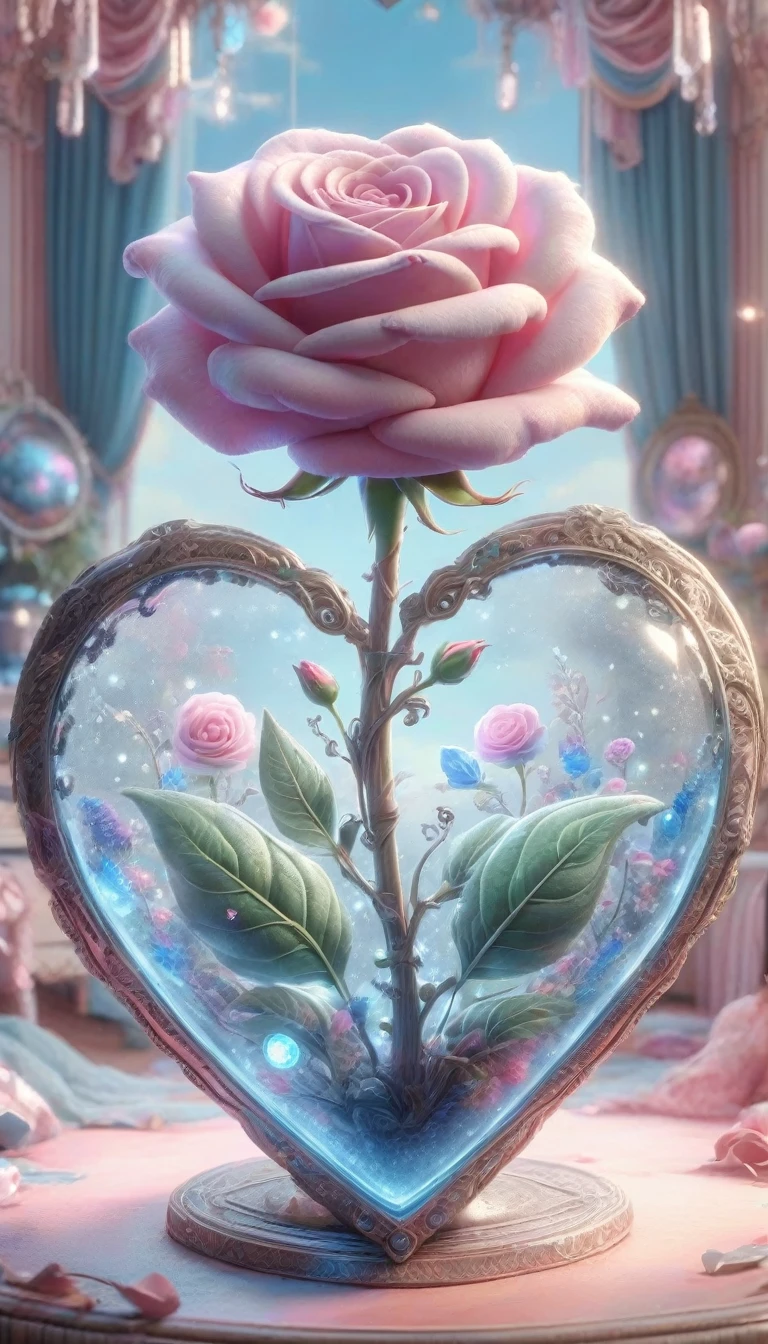 Digital Art,Concept Art,octane rendering,unreal engine,dreamlike scenes,delicate and rich light and color,superb light and shadow effects and color matching,aesthetic and romantic,Surrealistic,magical,fantasist,fantastic,Ornate And Intricate,unimaginable beauty,
A glowing [pink|purple] rose and some glowing blue plants in a transparent (heart-shaped:1.5) glass container,
this container in a love story book,extremely romantic mood,nostalgic atmosphere,gentle light and lingering composition,depth of field,letitflrsh,cottoncandy,