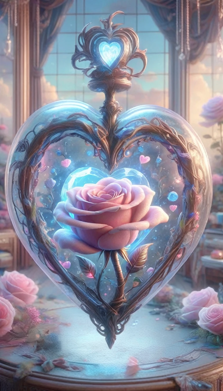 Digital Art,Concept Art,octane rendering,unreal engine,dreamlike scenes,delicate and rich light and color,superb light and shadow effects and color matching,aesthetic and romantic,Surrealistic,magical,fantasist,fantastic,Ornate And Intricate,unimaginable beauty,
A glowing [pink|purple] rose and some glowing blue plants in a transparent (heart-shaped:1.5) glass container,
this container in a love story book,extremely romantic mood,nostalgic atmosphere,gentle light and lingering composition,depth of field,letitflrsh,cottoncandy,