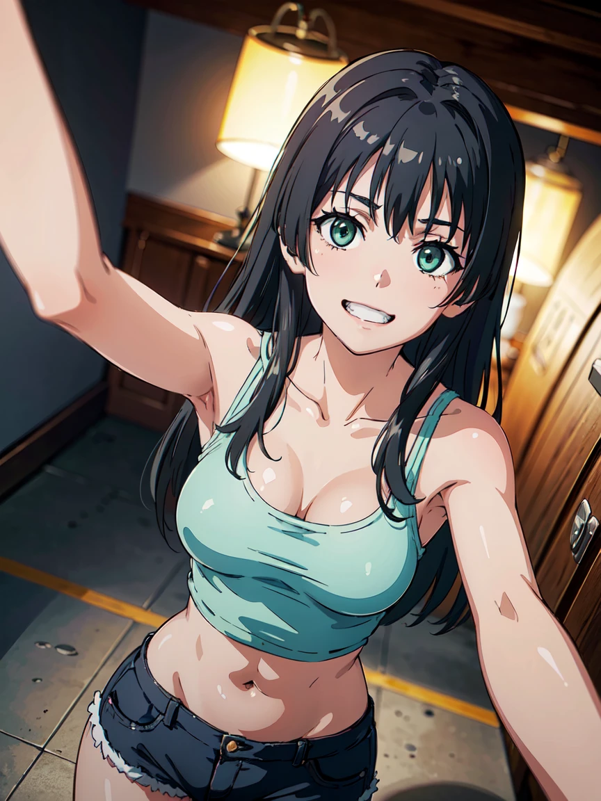  (High resolution:1.4), (masutepiece:1.2), (High quality:1.3) 1girl, saten ruiko, green eyes, long hair, black hair, small breast, tank top, hot pants, cinematic lighting,  pov, grin, dynamic angle, nsfw