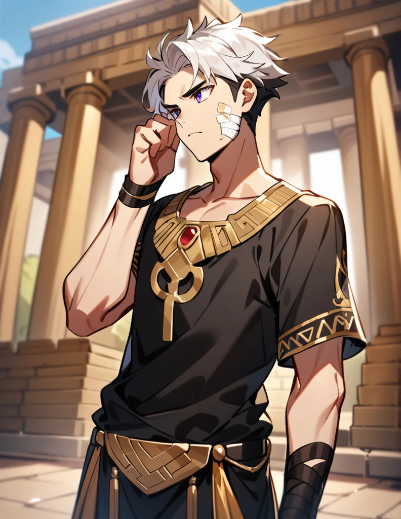 small Greek boy with white hair, violet eyes, wearing an all-black Greek shirt with small gold details, with bandages on his cheek and arm, standing scratching his head while looking away from his golden gaze, with a Greek temple with red flowers in a blurred background