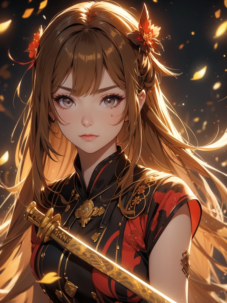 A woman with short brown hair and a mix of blonde and brown eyes. She has a red haori with a pattern on it. She's a demon slayer character. 21 year old woman. She wears hair with bangs because she has a large plus-shaped scar in the middle of her forehead. Elegant. Serious. Kind. Demon slayer art style. She is now in a peaceful and daytime forest. She has a katana sword. She's so beautiful. She shines like a diamond.