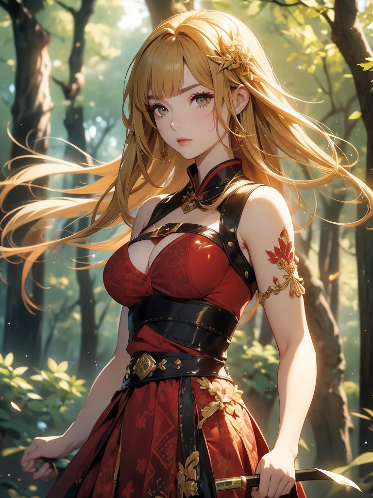 A woman with short brown hair and a mix of blonde and brown eyes. She has a red haori with a pattern on it. She's a demon slayer character. 21 year old woman. She wears hair with bangs because she has a large plus-shaped scar in the middle of her forehead. Elegant. Serious. Kind. Demon slayer art style. She is now in a peaceful and daytime forest. She has a katana sword. She's so beautiful. She shines like a diamond.