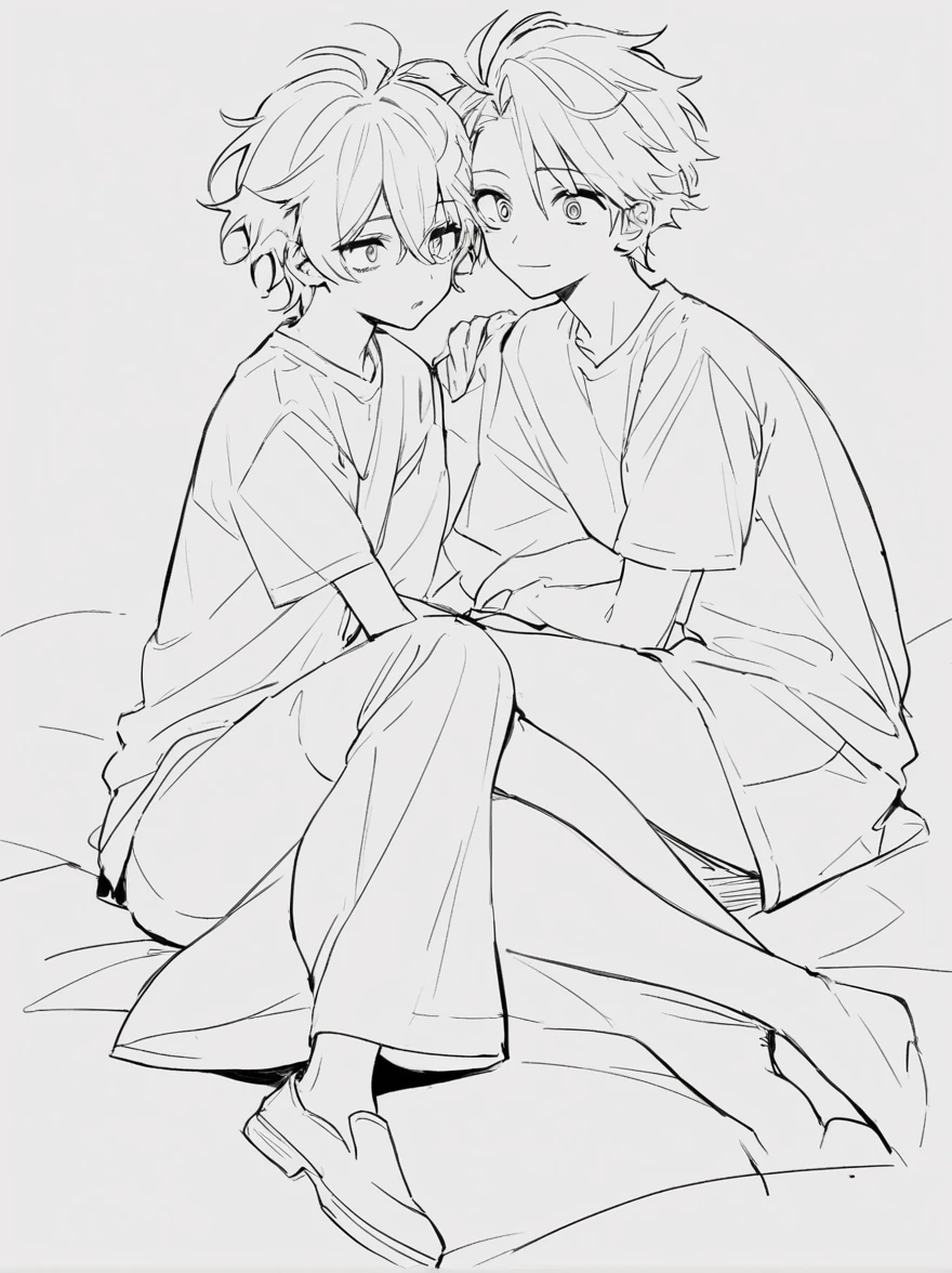 best quality , Black & White, line art, 2 men, , full body,-Half body, long, dark, messy hair., white skin,, Scary eyes,A couple of love scenes in manga are cute: two men are confessing their love to each other.