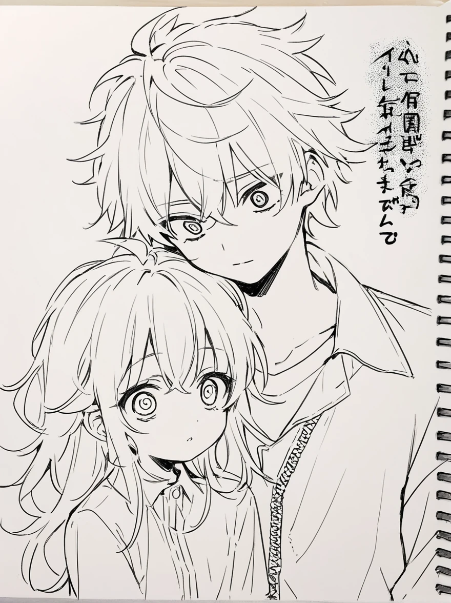 best quality , Black & White, line art, 2 men, , full body,-Half body, long, dark, messy hair., white skin,, Scary eyes,A couple of love scenes in manga are cute: two men are confessing their love to each other.