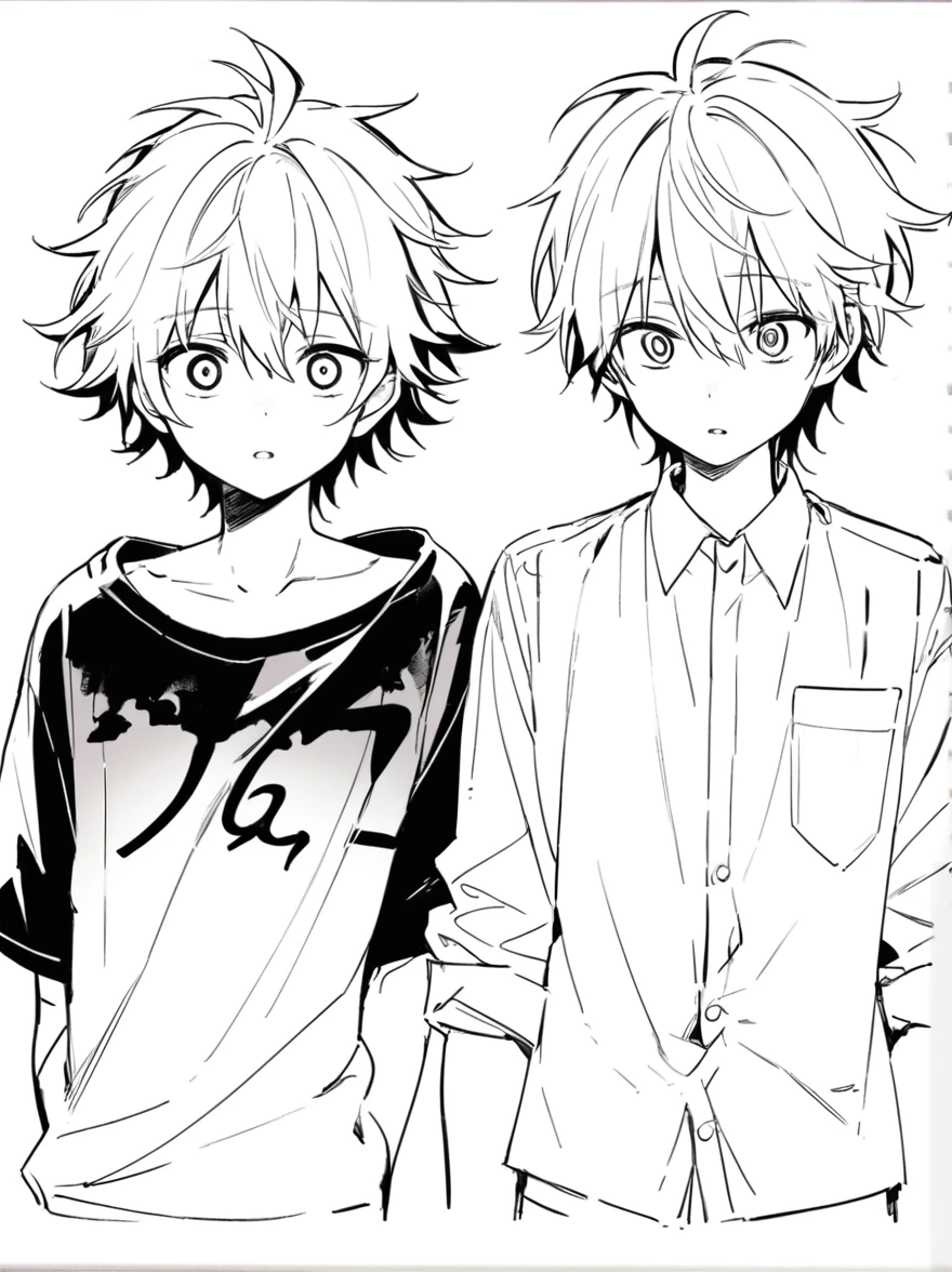 best quality , Black & White, line art, 2 men, 16 years old, full body,-Half body, long, dark, messy hair., white skin,, Scary eyes,A couple of love scenes in manga are cute: two men are confessing their love to each other.