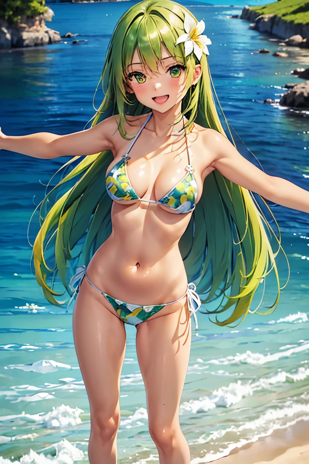 best quality, (masterpiece:1.3), absurdres, highres,16k, ultra high res, official art, illustration,extremely detailed, 1girl, solo, full body, 20yo, delicate lines tailed face, (long hair1.1), (straight hair1.7), (beautiful green hair:1.2), (shiny hair:1.2), (beautiful orange eyes:1.2), (shiny eyes:1.2), (medium breasts), (gleaming skin:1.4), looking at viewer, simple background, (cowboy shot:1.5) standing, (outstretched arms:1.2), laugh with open mouth, in the sea, ((green bikini), (white flower print bikini))