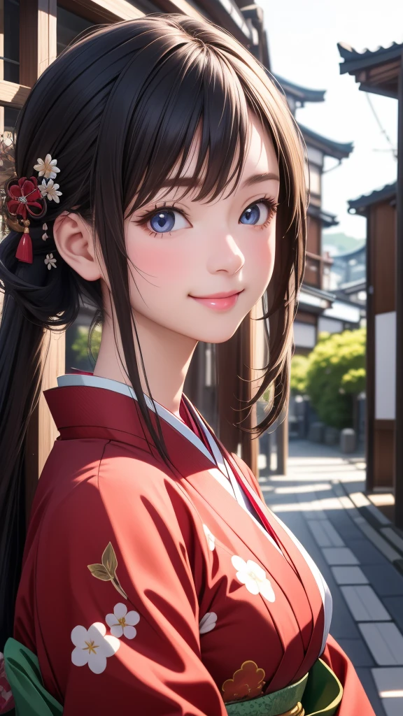 Professional Lighting,(Realistic:1.4), (Top image quality:1.0), (超High resolution:1.0), 8K, Raw photography, (masterpiece:0.2), (Dealing with the Children_v1:0.5)、(最高quality Detail:1.2)、Realistic、8K Ultra HD、High resolution、(1 Girl:1.2)、超detailedな、High quality textures、複雑なdetailed、detailed、Very detailed CG、High quality shadows、detailed 美しく繊細な顔、Beautiful details and a delicate eye、(Symmetrical eyes:1.2),Written boundary depth、Ray Tracing,1 Girl, Japanese Girls, (Natural smile:1.4),cute, thin, Portrait of a beautiful Japanese woman in a kimono, Standing elegantly on a street corner in Kyoto. Kimono with vibrant traditional patterns, Hair decorated with elegant and delicate hairpins, Gentle expression. (With the old streets of Kyoto in the background:1.4)、The soft light of a spring afternoon、Adding tranquility to the scene. Rendered in a Realistic style with great attention to detail, High resolutionの画像.Sky Porn, Magic Hour, (Realistic:1.3), finely, quality, (Tabletop:1.2), (Realistic:1.2), (最高quality), (複雑なdetailed), dramatic, Ray Tracing, photograph, +roller