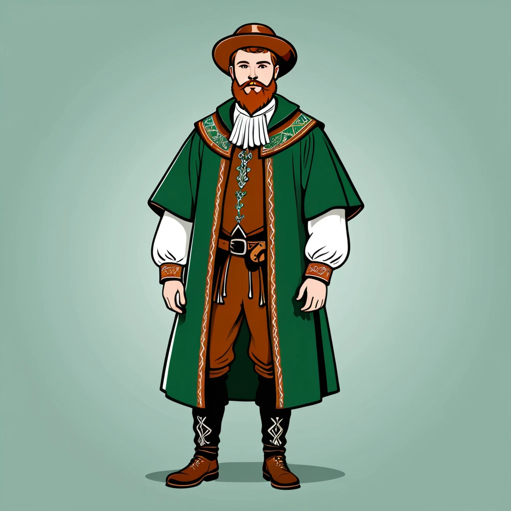 man in irelandic folk outfit, vector graphics, strong contours
