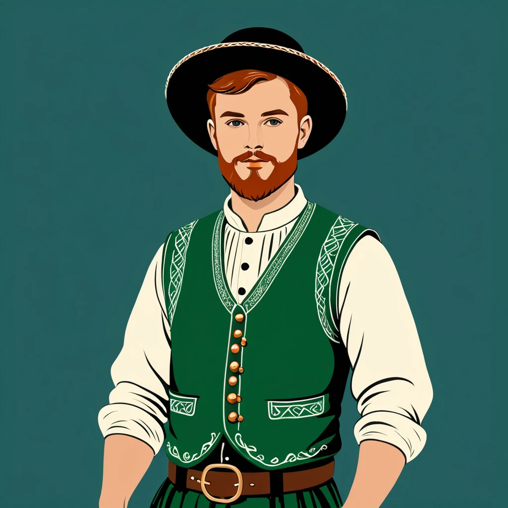 man in irelandic folk outfit, vector graphics, strong contours