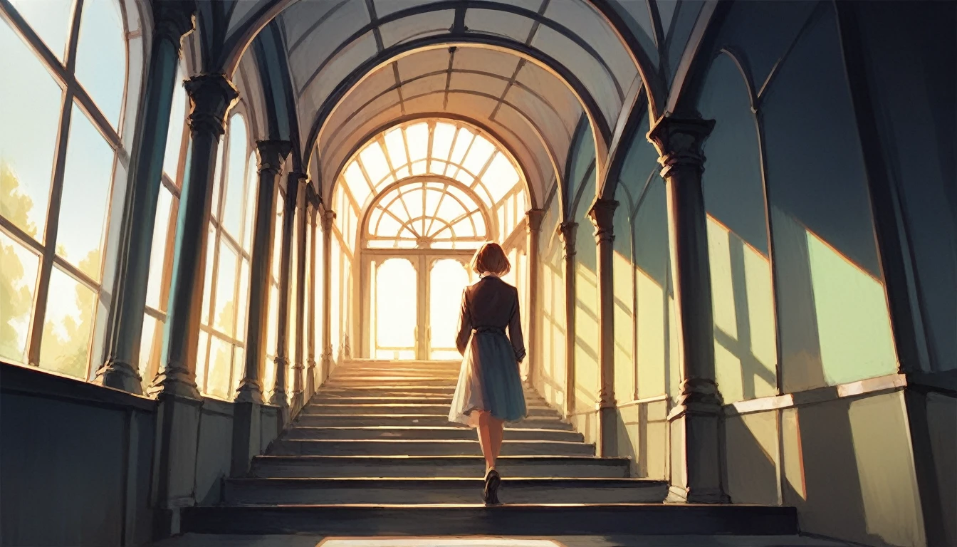 masterpiece,best quality,ultra detailed,(1girl:1.2),girl walking down subway stairs, back angle shot, dramatic lighting,female focus, centered, photoreal painting background
