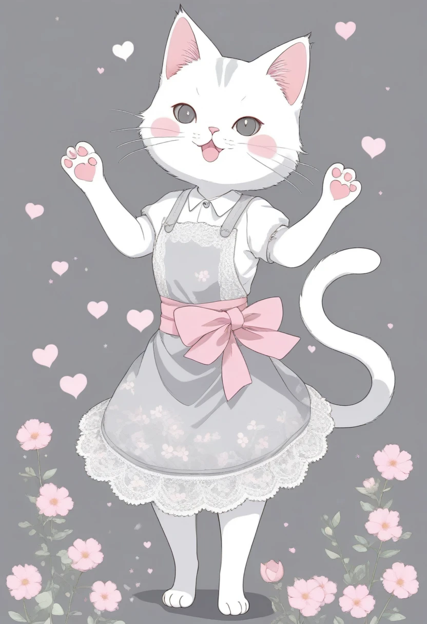 score_9, score_8_up, score_7_up, score_6_up, score_5_up, score_4_up, source_anime, 2.5D, very cute slender white female cat, pink flowers on her ears, standing and waving, grey heart mark on her belly, lace apron from the waist down, grey tail, fluffy effect in pastel colors, glitter effect