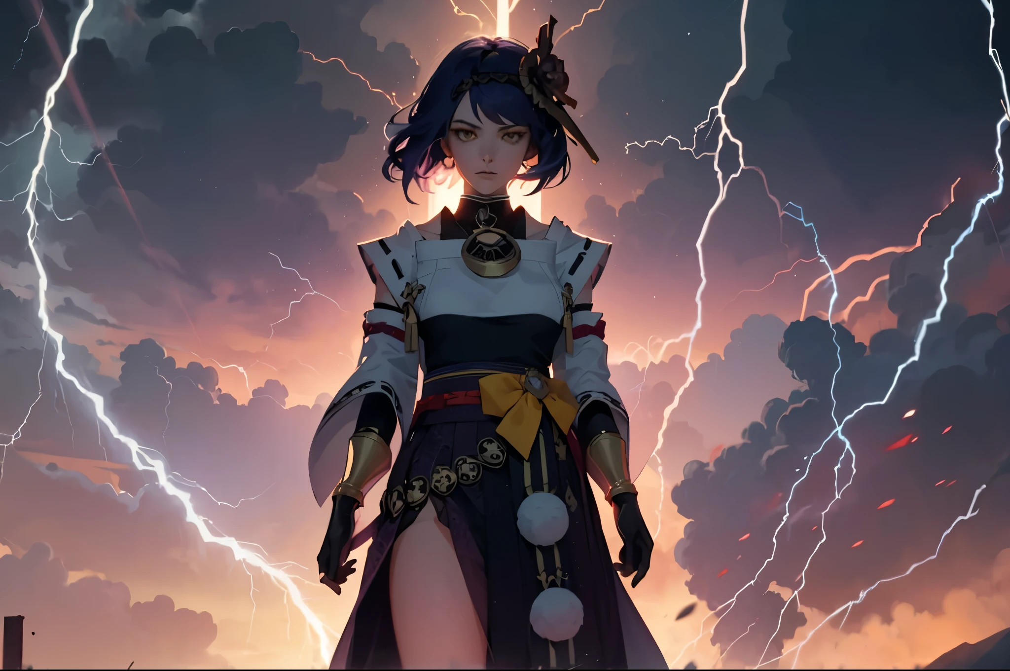 1 female woman solo, yellow eyes, blue hair, reb bird head hair accessory, black and white kimono miko outfit, big yellow bow on red belt, black gloves, golden details,kujousaradef kujousararnd,r1ge, purple storm clouds, purple lightning bolts around her, cinematic shot, dramatic light