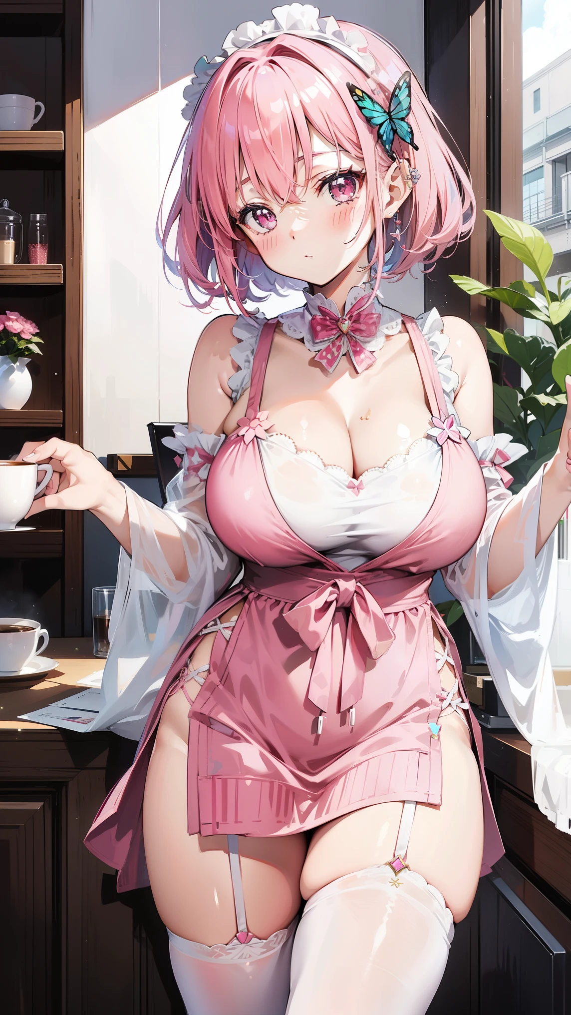 , 1 Girl Solo, Image of Nino Nakano, Pink hair glitter, Butterfly Hair Accessories,Create a refined fit,And elegant 1.3. Disclosure, White apron, Show off your charming cleavage, thigh, Coffee shop background,A blush accentuated her cheeks 1.3,