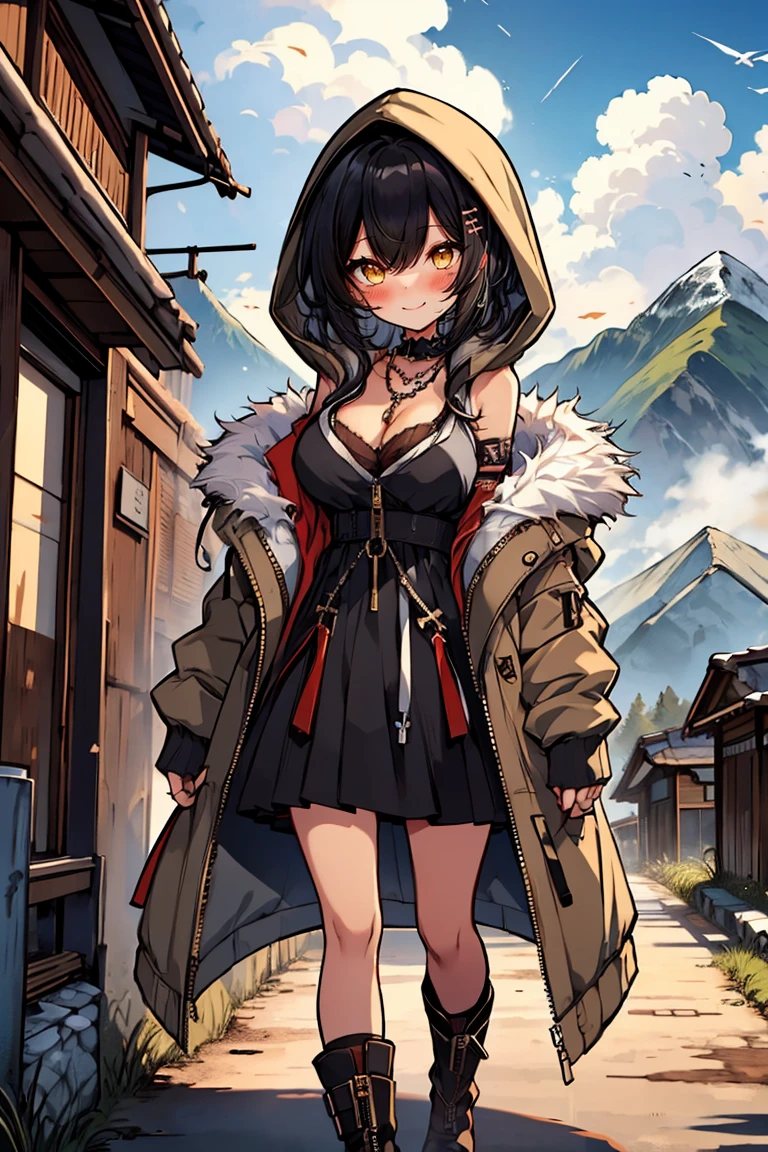 (masterpiece:1.2), (high quality:1.2), hui xiyi, rekkyo sensen, rekkyou sensen, (chibi, full body:1.45), solo focus, girls with((black hair, bare shoulders, breasts, choker, cleavage, collar, collarbone, rosary, dress, frills, fur, fur collar, fur trim, hood, hood down, hooded jacket, hoodie, jacket, large breasts, long hair, long sleeves, looking at viewer, medium breasts, medium hair, necklace, open clothes, open hoodie, parka, , sleeveless, solo, winter clothes, zipper, upper body)), background with ((architecture, blue sky, bush, castle, village, no humans, cloud, cloudy sky, day, fence, field, garden, grass, hill, house, lamppost, landscape, mountain, mountainous horizon, nature, no humans, outdoors, scenery, shrine, sky, tower))