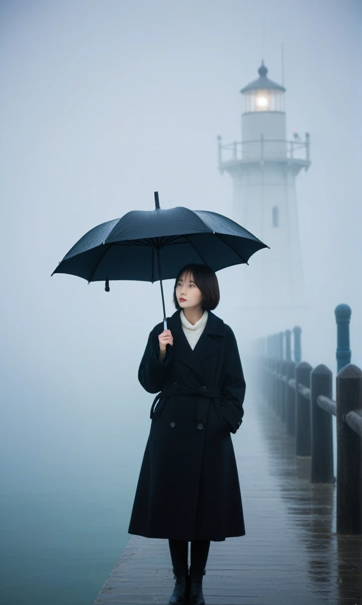 beautiful korean girl, short medium hair, Black coat, 멀리 Fog속 lighthouse, black umbrella, cool,rain,blur,Fog,middle,cool,boring,,pier,only,lighthouse,Coast, The dim light shines in the Fog,and the figure stands in the Fog holding an umbrell