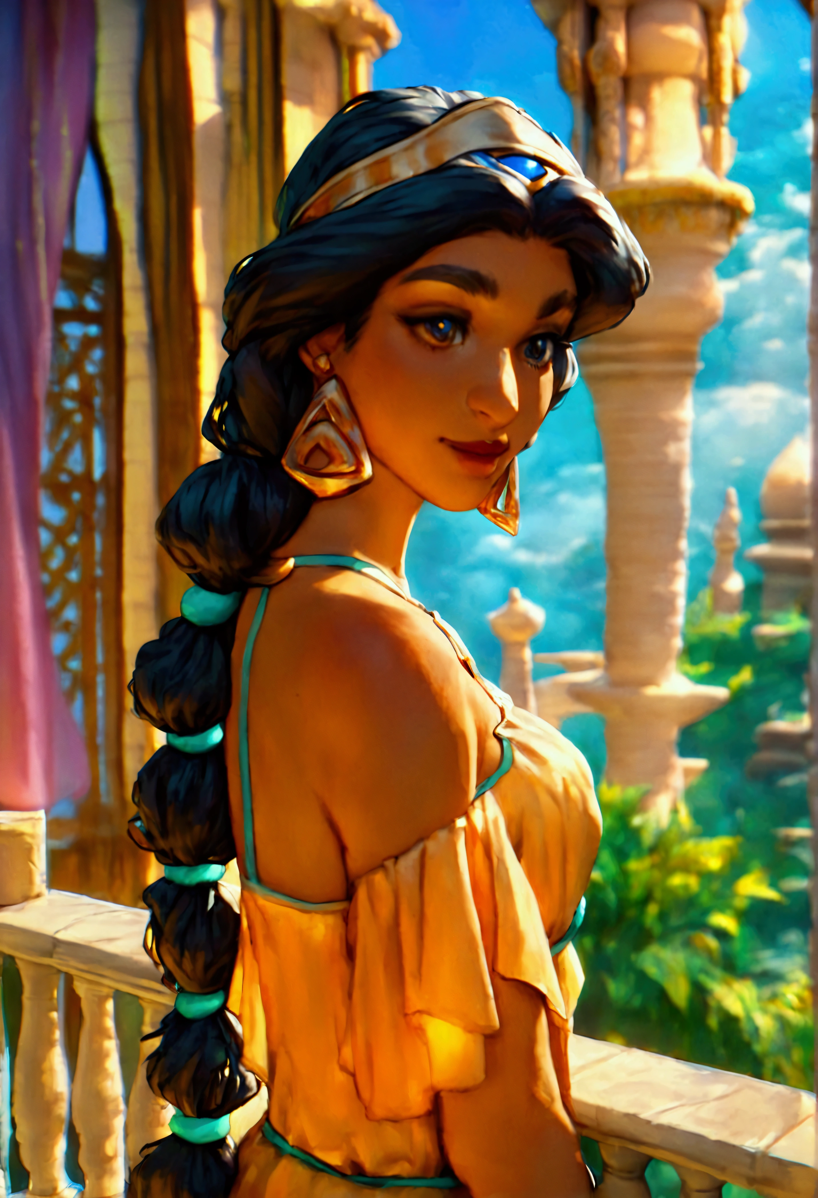 score_9, score_8_up, score_7_up, (solo close-up of Princess Jasmine:1.5) in (dynamic pose:1.0) on balcony of (Arabian palace:1.2), dark-skinned (gentle:1.1) beauty, light orange clothes, ornate columns, (starlit romantic night:1.3), (architecture with intricate design and verdant vegetation:1.1), bright colors, (cartoon artstyle with bold lines:1.3), (warm ambient:1.2), rating_safe.