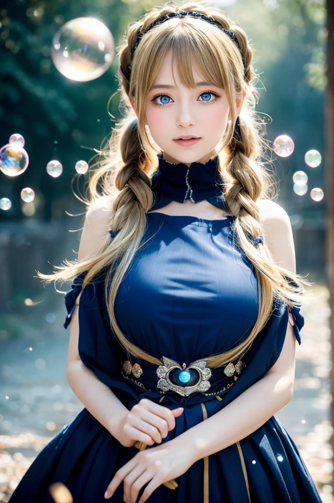 Mid-flight pose of a captivating young woman, donning whimsical Ainu-Gothic Lolita attire, with colossal breasts and piercing blue eyes. Soft cinematic lighting illuminates her décolletage, the focal point of the stunning portrait. Her long, flowing twintails blonde hair styled in traditional attire surrounds her, releasing bubbles that refract sunlight like diamonds scattered across the air. She beams with joy, her open mouth radiating warmth, and bright blue eyes shining with happiness.
