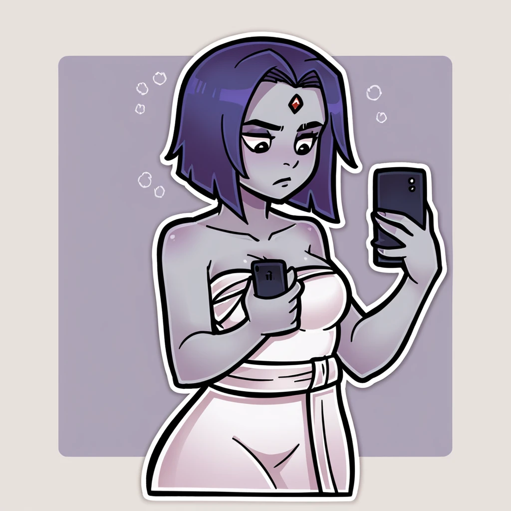 score_9_presence, score_8_up, Raven, wrapped in towel, medium breasts, holding phone