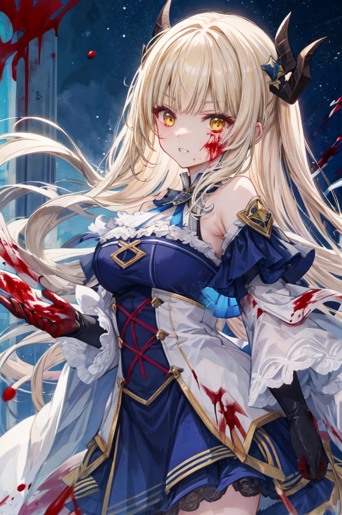 Delicate features,disaster々new devil horns , Open your eyelids wide, The trend is all,Crazy Smile, Please open your mouth wide, 口を開けてteethをむき出しにする,獣のような鋭いteeth, Wide lips, very wide mouth, Vermilion cheeks, blonde, Princess Cut, Ribbon hair ornament, brooch, Shiny candy blue dress, Gold embroidery,ta Style, Gothic style, Facing the audience, Otaku Room, Well-built body, Nice body, Ample breasts, Thick body,With eyes wide open、Scary atmosphere、Distorted facial expressions、ねじれた笑face、Bloodstained、bleeding from the head,,、Blood splatter、whole body、Long Hair、Long bangs、(((Dark circles under the eyes)))、Pale skin、Feeling unwell、Pathological、邪悪な笑face、Crazy Eyes、(Grin)Dramatic makeup,Create mixed media art,Well-built,Nice body,Broad shoulders,I focus,(face),Messy Hair,Yellow Eyes,(Glowing Eyes),(Blood splatter:1.6),Red light,笑face,big 笑face,teeth,psycho 笑face,gesugao,Dark city background,darkness,night,(close),Good Eyes, 良いteeth,サディスティックな笑face,,all,Shiny skin,詳細なface,Beautiful body,whole body油まみれで光沢感がある whole bodyから湯気が出ている Steam like a sauna room fills the screen... White breath from the mouth Luxurious lace long gloves