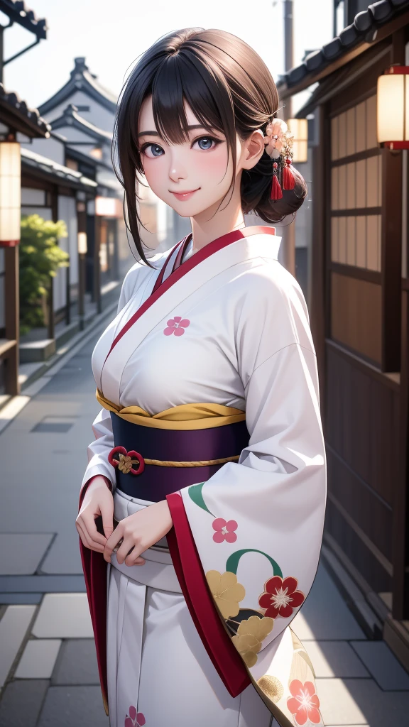 Professional Lighting,(Realistic:1.4), (Top image quality:1.0), (超High resolution:1.0), 8K, Raw photography, (masterpiece:0.2), (Dealing with the Children_v1:0.5)、(最高quality Detail:1.2)、Realistic、8K Ultra HD、High resolution、(1 Girl:1.2)、超detailedな、High quality textures、複雑なdetailed、detailed、Very detailed CG、High quality shadows、detailed 美しく繊細な顔、Beautiful details and a delicate eye、(Symmetrical eyes:1.2),Written boundary depth、Ray Tracing,1 Girl, Japanese Girls, (Natural smile:1.4),cute, thin, Portrait of a beautiful Japanese woman in a kimono, Standing elegantly on a street corner in Kyoto. Kimono with vibrant traditional patterns, Hair decorated with elegant and delicate hairpins, Gentle expression. (With the old streets of Kyoto in the background:1.4)、The soft light of a spring afternoon、Adding tranquility to the scene. Rendered in a Realistic style with great attention to detail, High resolutionの画像.Sky Porn, Magic Hour, (Realistic:1.3), finely, quality, (Tabletop:1.2), (Realistic:1.2), (最高quality), (複雑なdetailed), dramatic, Ray Tracing, photograph, +roller