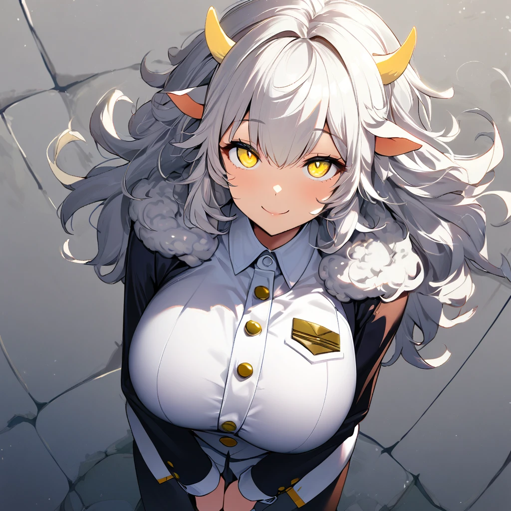 1girl,solo,roll angle,sheep ear,White fluffy hair,Short hair with a lot of hair,light yellow eye color,Calm face,docile face,smile,huge breasts,slender,Vertical lines academy uniform,short stature,looking at viewer,Taken from the viewpoint above,upturned eyes,standing up,academy
back ground