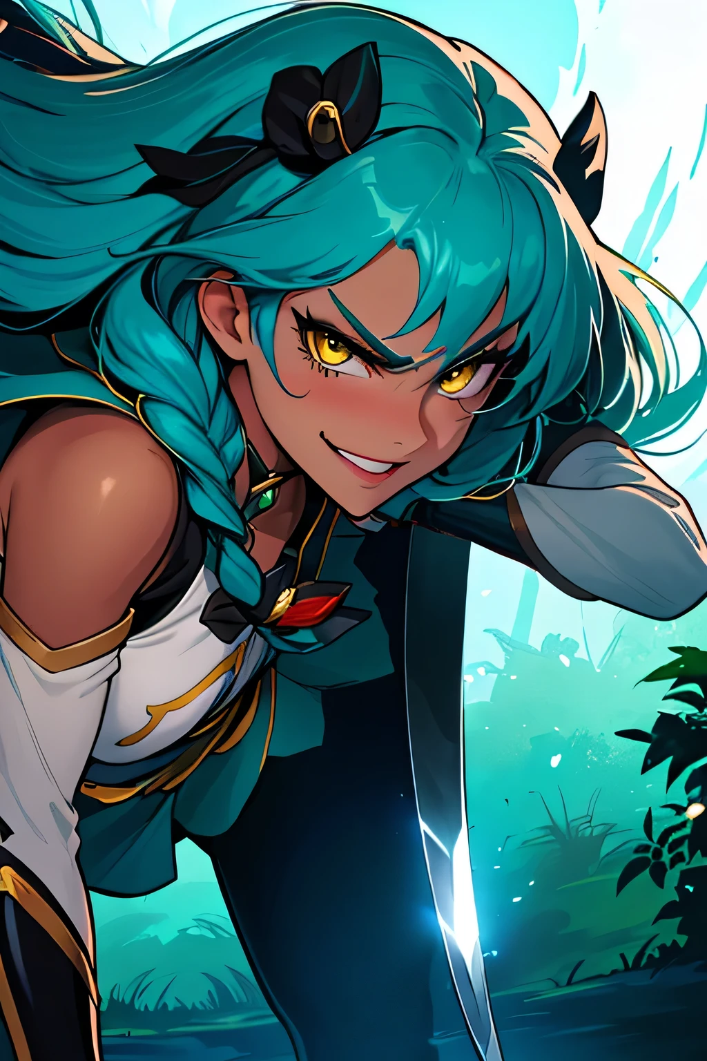 1 woman , ((Perfect face, detailed face)), detached sleeves, Best quality, masterpiece, 8k,   Detailed,   ((Battle pose)),(very long hair), (((dark skin))), (((teal hair))), (two  braids hanging in front), (small breasts), ((yellow eyes)), (( teal dress)), (((steel trim on dress))), ((teal corset)), (leaf designs on dress), (magical girl), mahou shojo, ((smirking )), looking at viewer, ((twilight background)), forest background, cool lighting, teen, portrait, dramatic lighting,, knee high boots, ((white boots)), fingerless gloves, (holding one sword, glowing sword, green blade), billowing skirt, (holding a round shield)