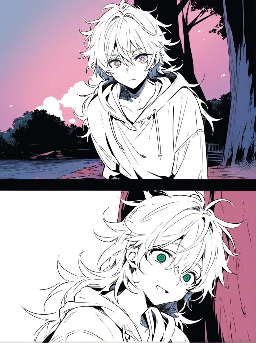 best quality , Black & White, line art, 2 men, 16 years old, full body,-Half body, long, dark, messy hair., white skin,, Scary eyes,2-3 scenes of falling in love in manga cartoons