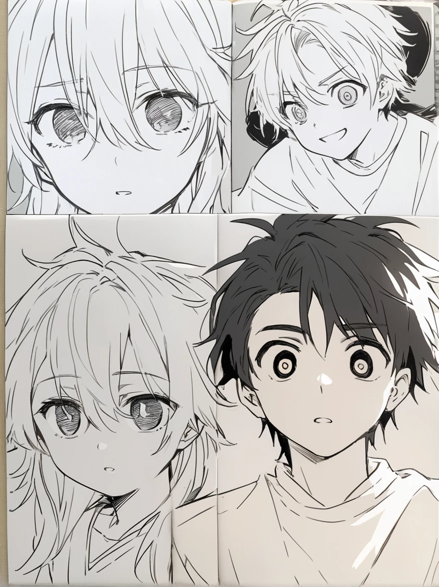 best quality , Black & White, line art, 2 men, , full body,-Half body, long, dark, messy hair., white skin,, Scary eyes,2-3 scenes of falling in love in manga cartoons