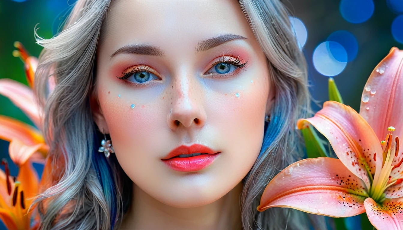 Beautiful realistic girl with blue long hair... ,..... ,Close-up of clean skin with detail ,,in a pink blouse,on an orange background ,Against the background of the starry sky,bright makeup,EARRINGS WITH SEquins, gray two-leaf flower, translucent gray speckled bifoil, Bioluminescent - Ultra High Quality 8K, High Contrast, rich colors, soft light, super detailed photos. сверхhigh quality 8K, High Contrast, noise suppression, яркие rich colors.. high quality, 8k Ultra HD, High with high quality, soft close focus, very beautiful flower, translucent red lily of the valley with dewdrop flower, bioluminescent flower glows and shimmers, he grows in a mysterious forest, Shrouded in mystery, Сверхhigh quality 8k, high contrast, rich colors, Soft lungs, highly detailed photographs. Более high quality 8k, high trust, noise suppression, яркие rich colors.. high quality, 8k Ultra HD, high trust