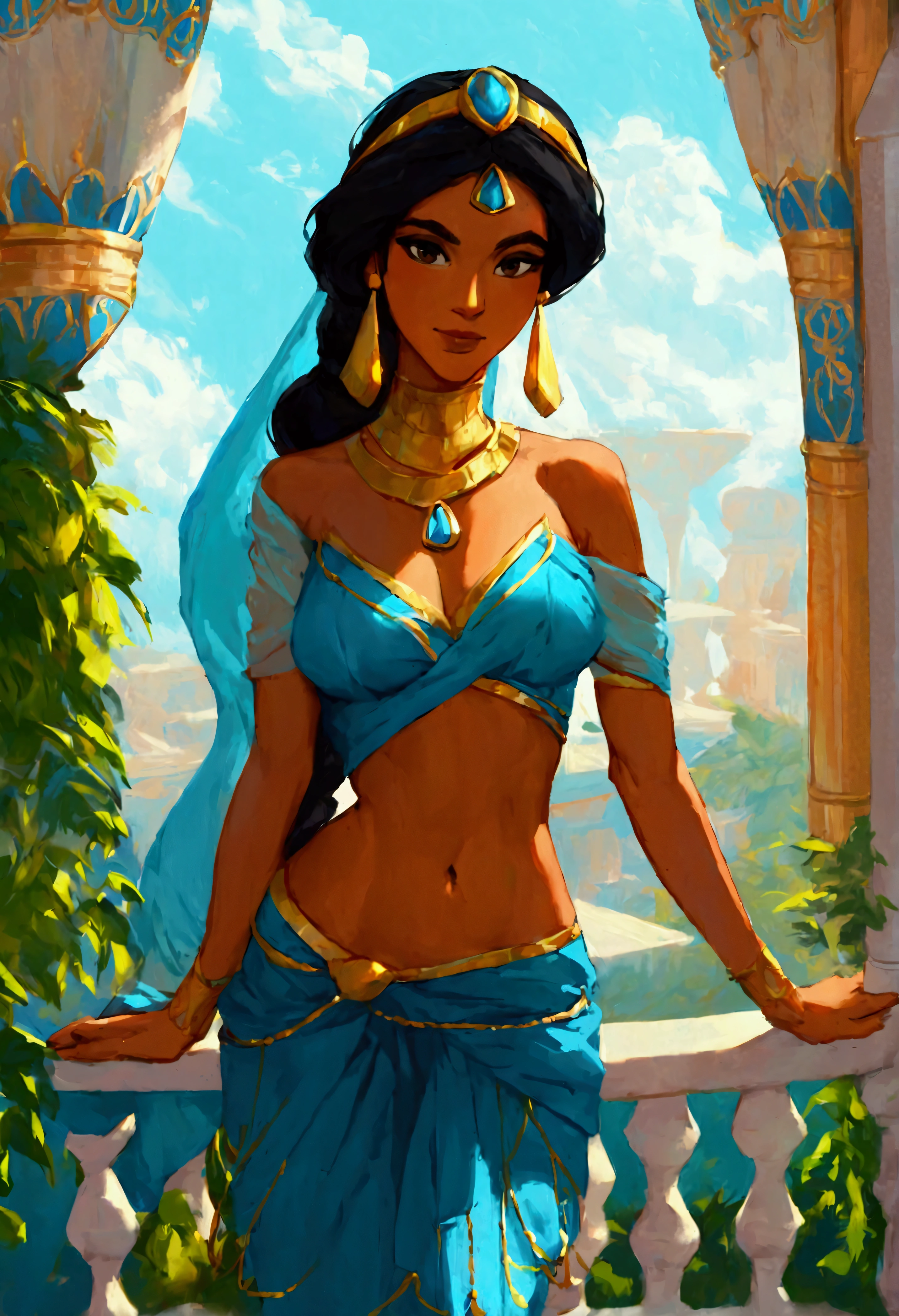 score_9, score_8_up, score_7_up, (((solo close-up of Princess Jasmine:1.4) standing on balcony of (Arabian palace:1.2), dark-skinned beauty, perfect face, ornate columns, starlit romantic sky, (architecture with intricate design and verdant vegetation), bright colors, (cartoon artstyle with bold lines:1.3), rating_safe.