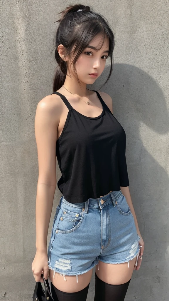 18-year-old Latin girl, BEST QUALITY, Masterpiece, black tank top, dark denim short pants