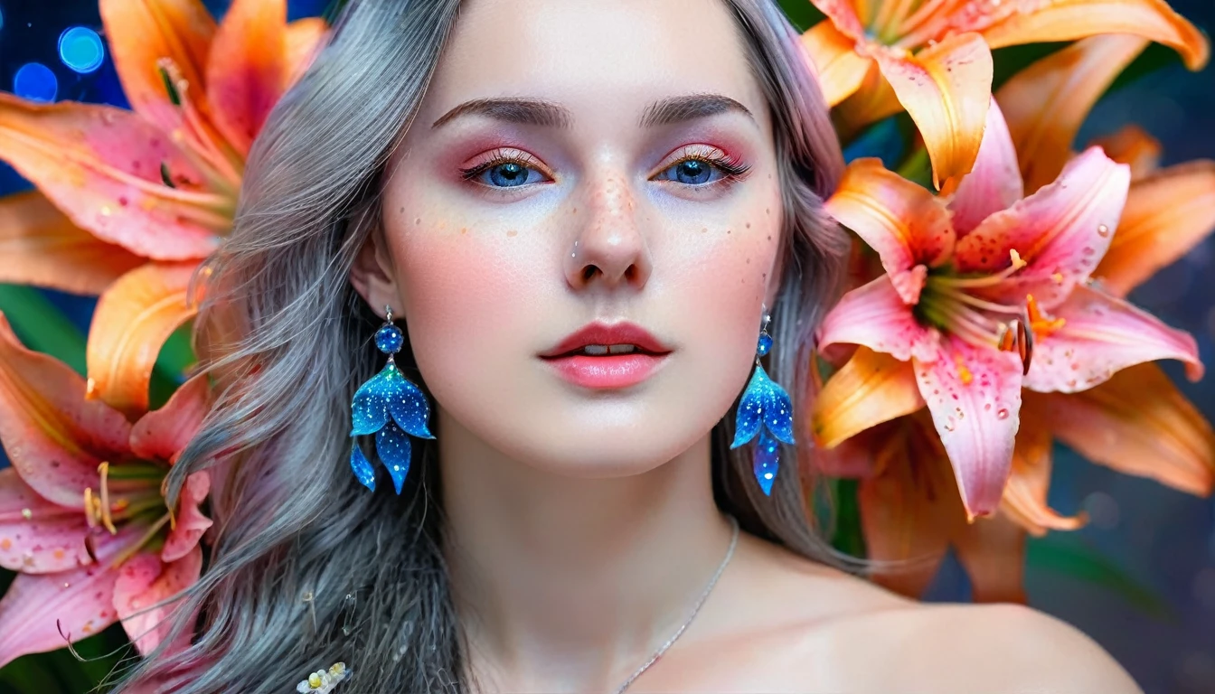 Beautiful realistic girl with blue long hair... ,..... ,Close-up of clean skin with detail ,,in a pink blouse,on an orange background ,Against the background of the starry sky,bright makeup,EARRINGS WITH SEquins, gray two-leaf flower, translucent gray speckled bifoil, Bioluminescent - Ultra High Quality 8K, High Contrast, rich colors, soft light, super detailed photos. сверхhigh quality 8K, High Contrast, noise suppression, яркие rich colors.. high quality, 8k Ultra HD, High with high quality, soft close focus, very beautiful flower, translucent red lily of the valley with dewdrop flower, bioluminescent flower glows and shimmers, he grows in a mysterious forest, Shrouded in mystery, Сверхhigh quality 8k, high contrast, rich colors, Soft lungs, highly detailed photographs. Более high quality 8k, high trust, noise suppression, яркие rich colors.. high quality, 8k Ultra HD, high trust