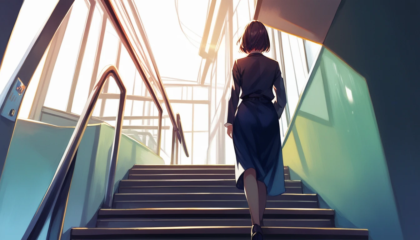 masterpiece,best quality,ultra detailed,(1girl:1.2),girl walking down subway stairs, back angle shot, dramatic lighting,female focus, centered, photoreal painting background
